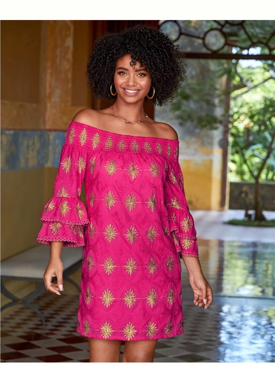 Boston Proper Dresses & Skirts - Boston Proper Off-Shoulder Fuchsia Dress with Gold Embroidery size XS
